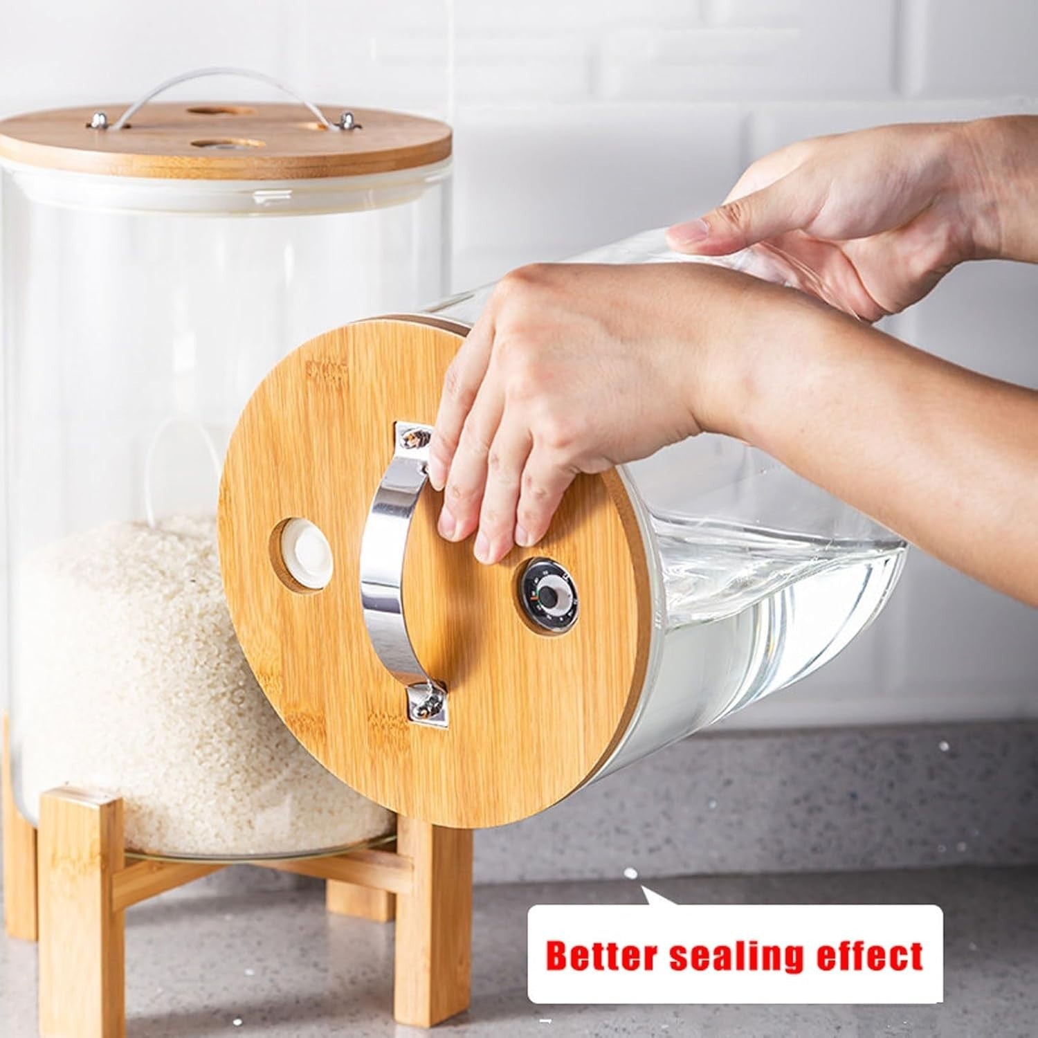 5L Glass Rice Dispenser Airtight Bamboo Stand w Cup