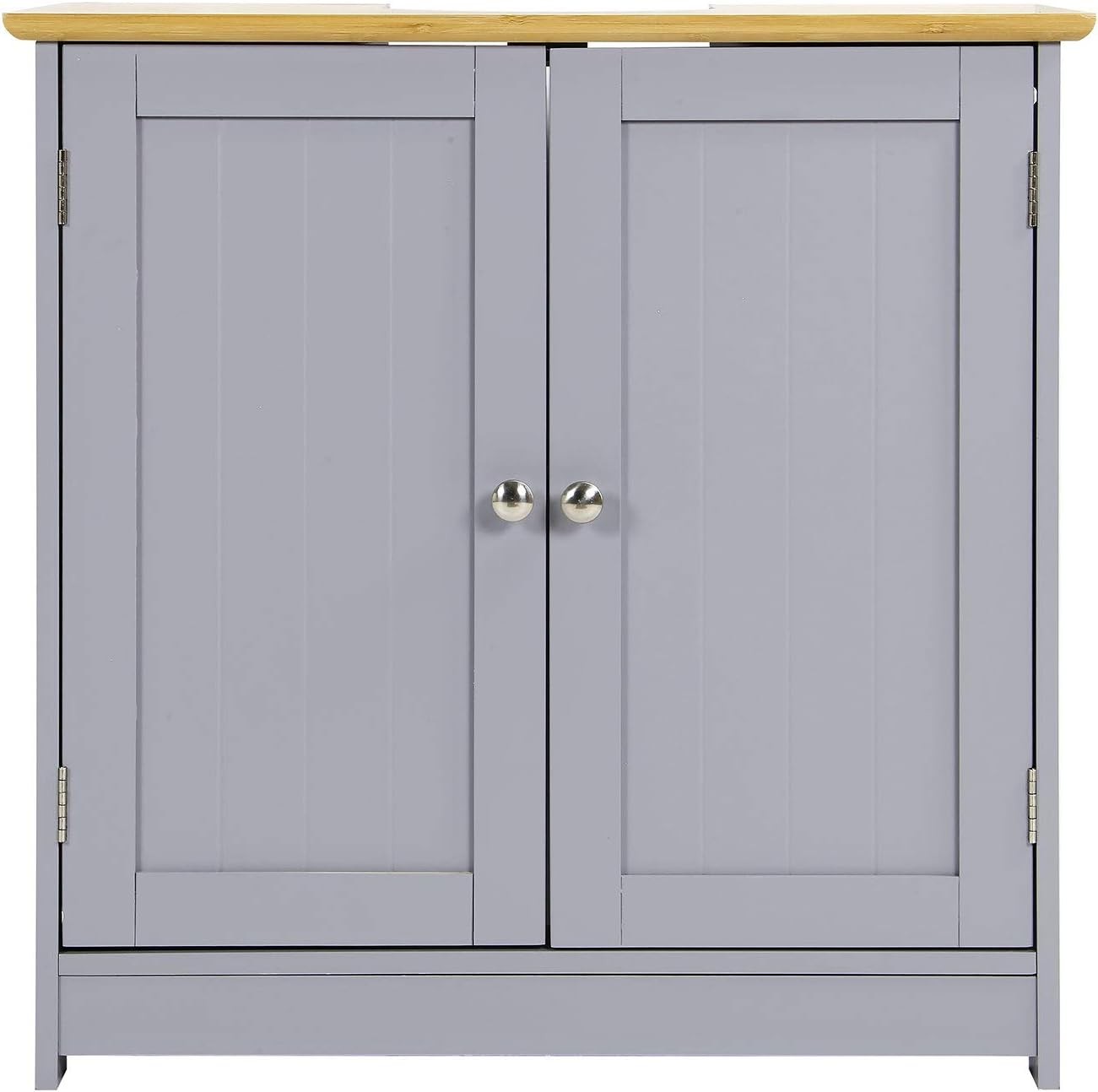 Modern Grey Bathroom Vanity Unit Bamboo Top Under Sink Storage Cabinet