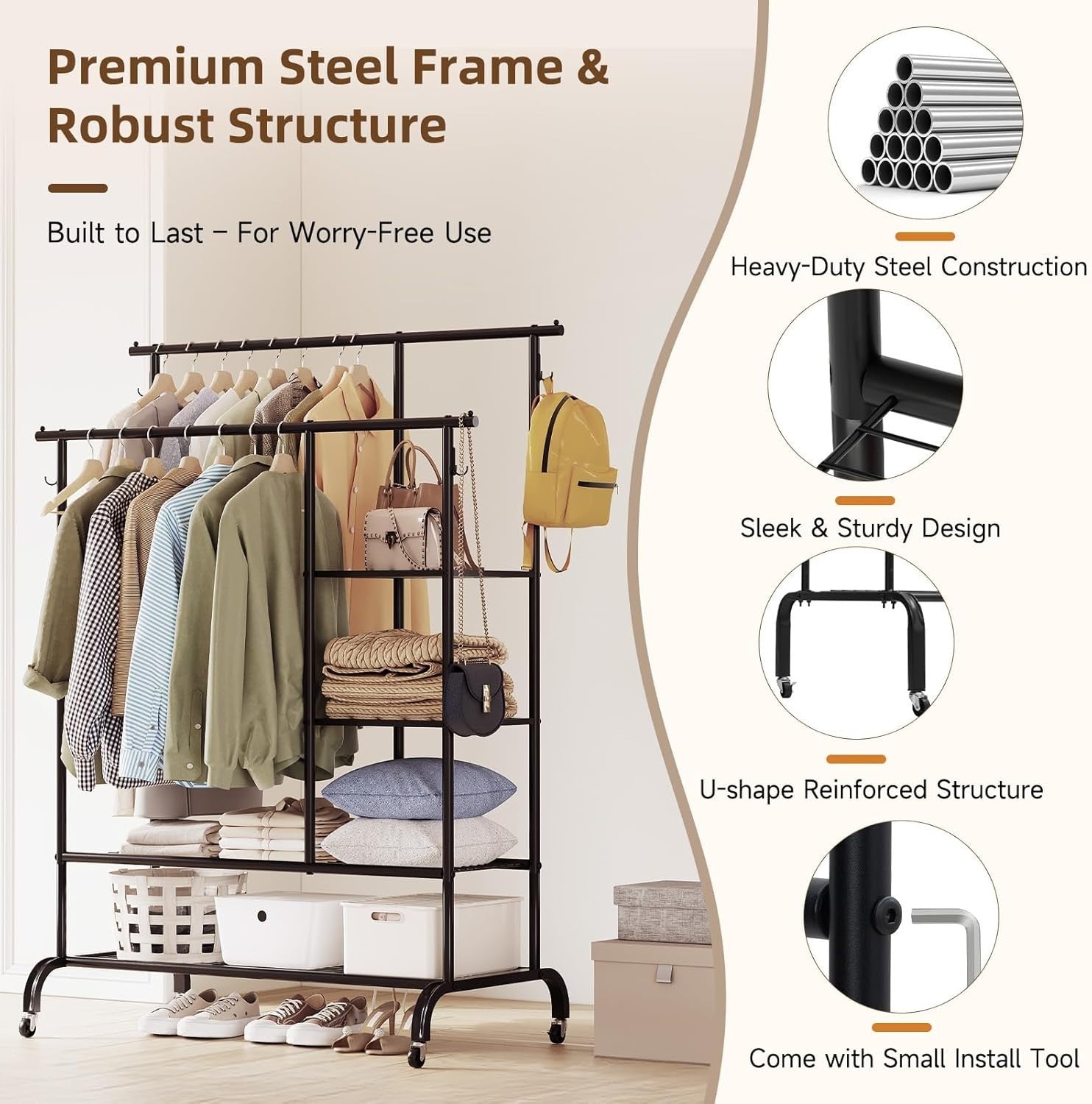 Heavy Duty Clothes Rail 6ft x 5ft Metal Garment Rack Black