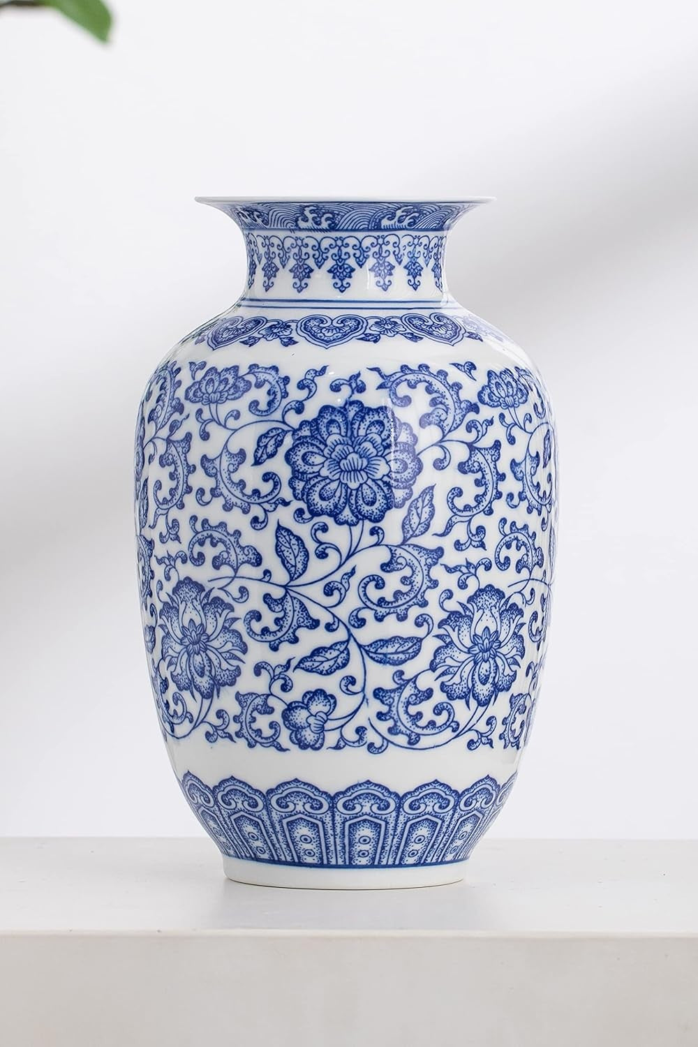 Blue White Ceramic Vase Chinoiserie Floral Decor Table Centerpiece 9 Inch