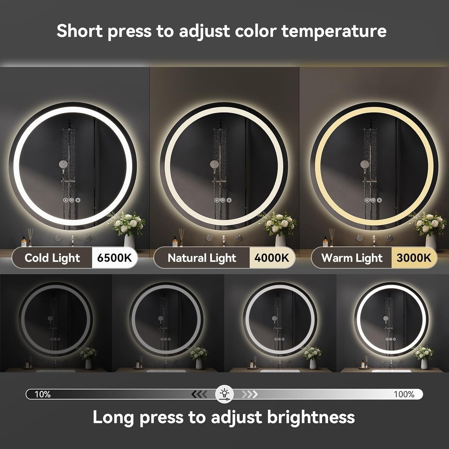 600mm LED Bathroom Mirror Round Bluetooth Speaker Anti-Fog Touch Light
