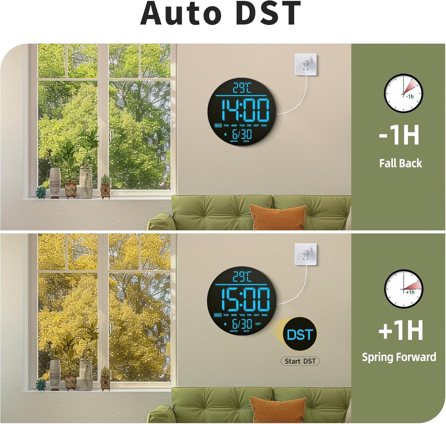 Black LED Digital Wall Clock 10 Inch Remote Control Night Light Display
