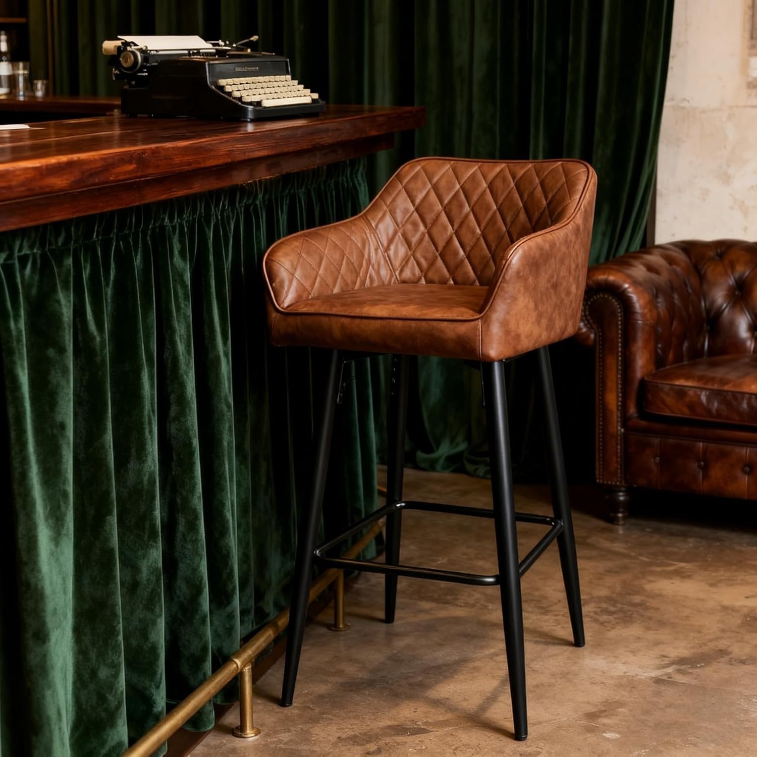 PU Leather Bar Stools with Armrest & Footrest – Brown L-Shape