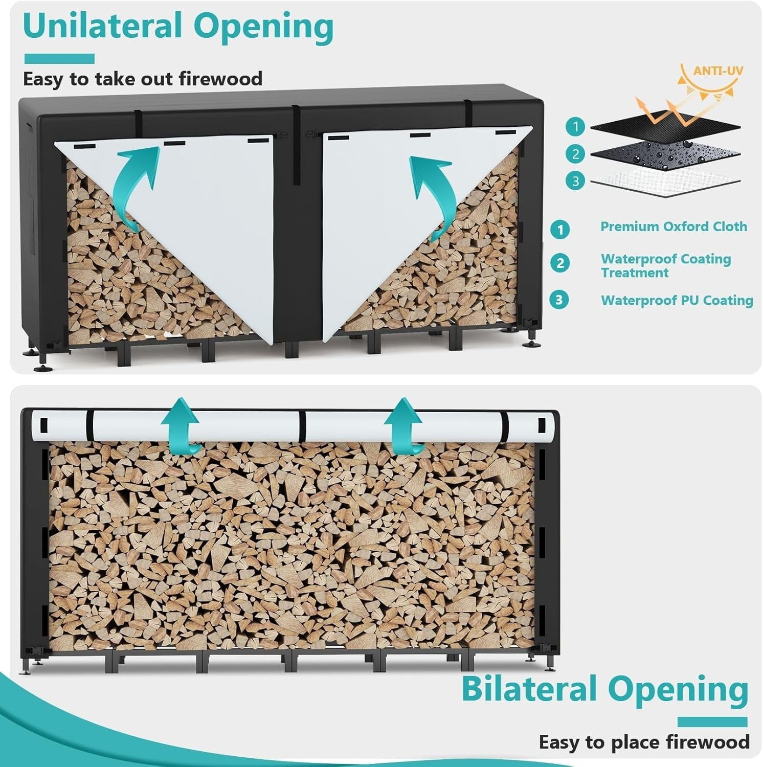 Heavy-Duty Outdoor Log Rack with Waterproof Cover, Expandable 235x25x116cm