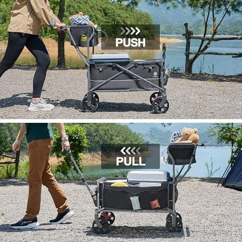 Foldable Heavy Duty Push & Pull Festival Trolley Wagon with Basket Grey
