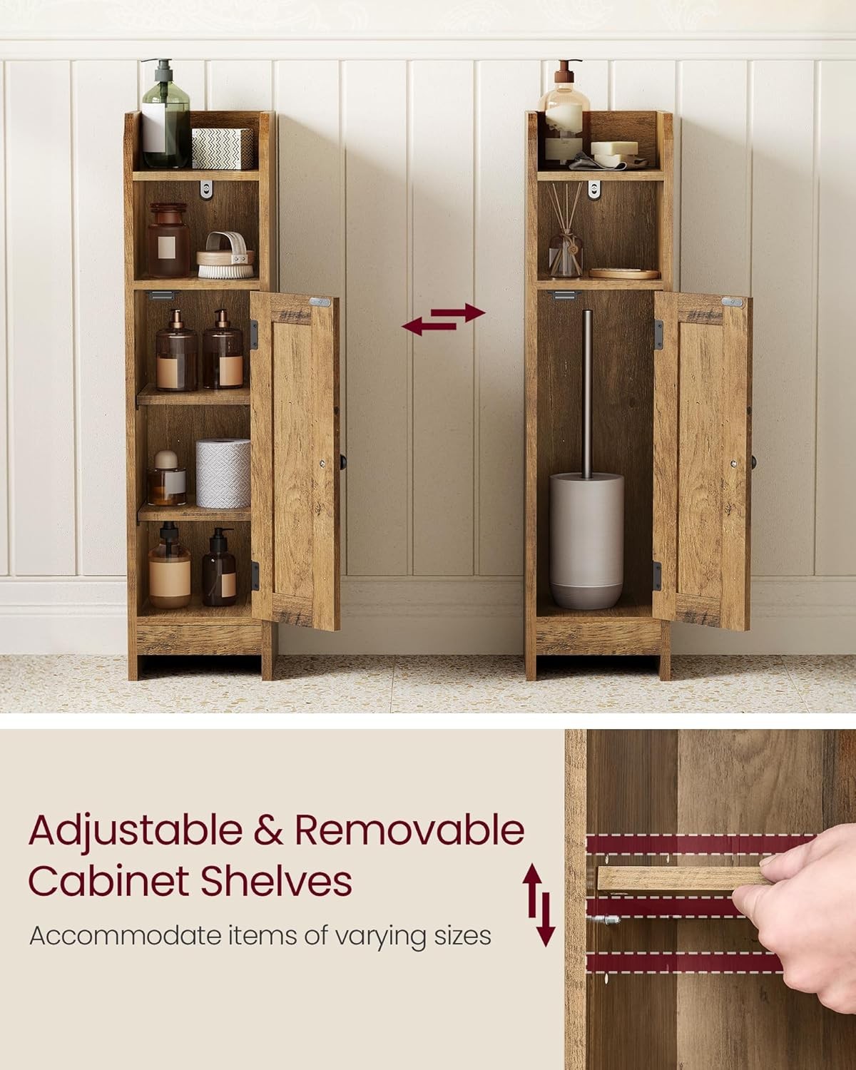 Slim Honey Brown Bathroom Storage Cabinet with Door, Adjustable Shelf & Narrow