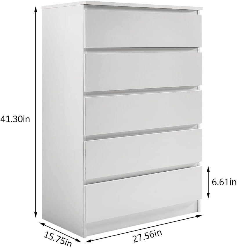 White 5 Drawer Chest | Tall Modern Storage Unit | Bedroom Office Cabinet
