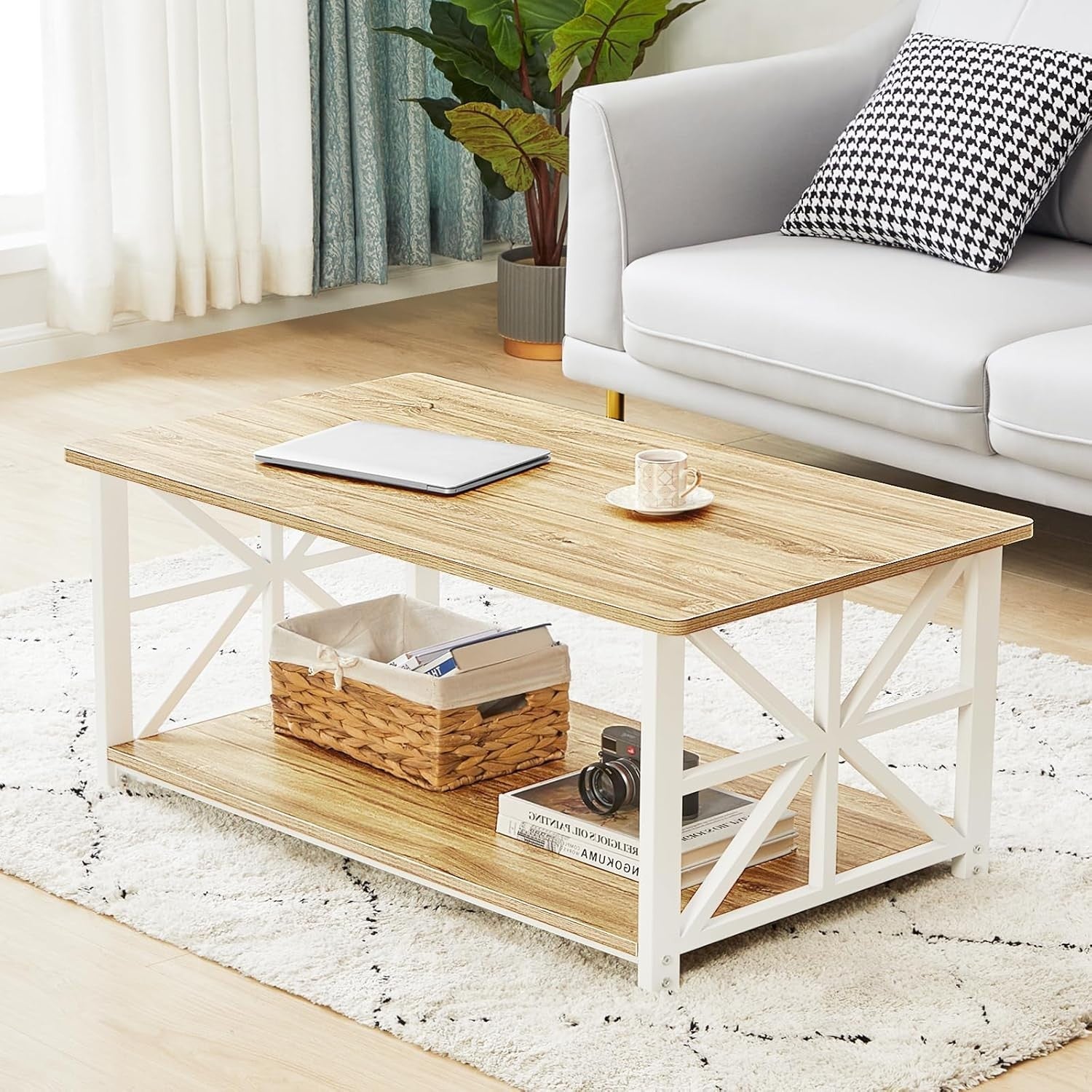 2-Tier Beige Coffee Table with X-Frame, Rounded Corners, 100cm Storage