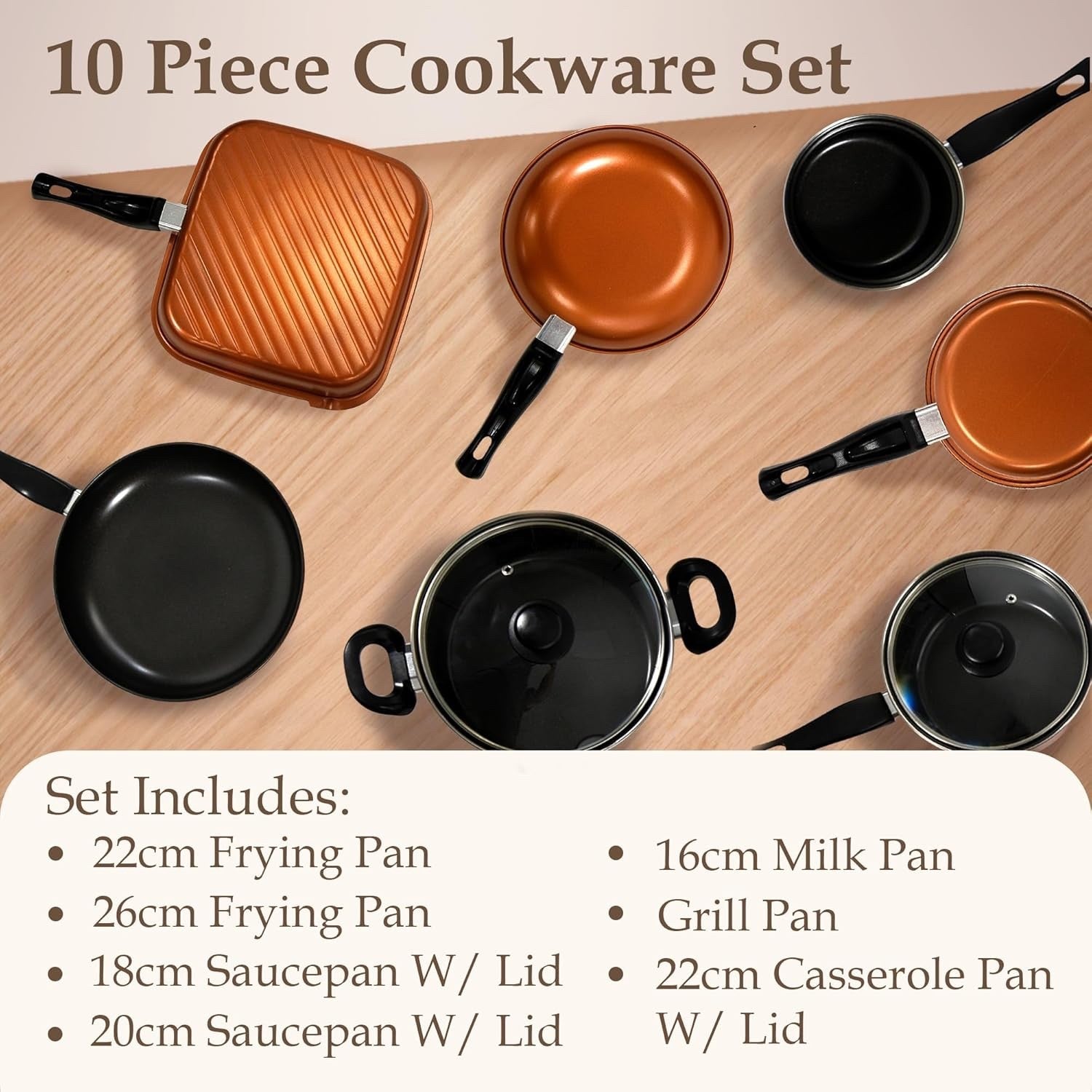 10Pcs Copper Non Stick Cookware Pots and Pans Set with Glass Lids & Grill Pan