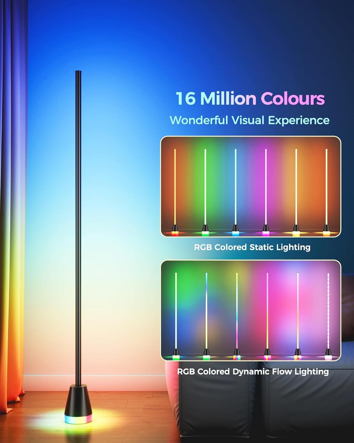 2 Pack RGB LED Corner Floor Lamps 65in App Remote Music Sync Mood Light