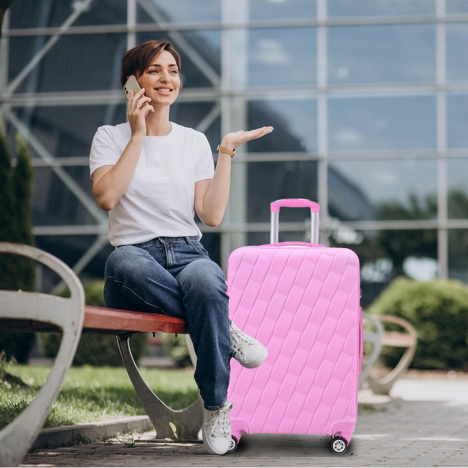20 Inch Cabin Carry On Hard Shell Suitcase 4 Dual Spinner Wheels Lock Pink