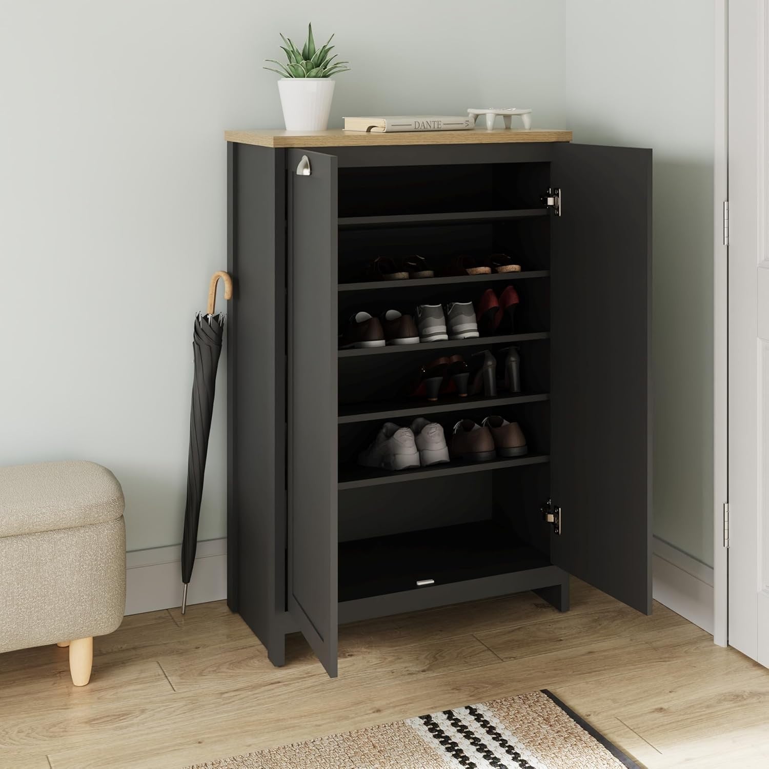 Slim Black Shoe Cabinet Storage with 2 Doors, Adjustable Shelves, Hallway