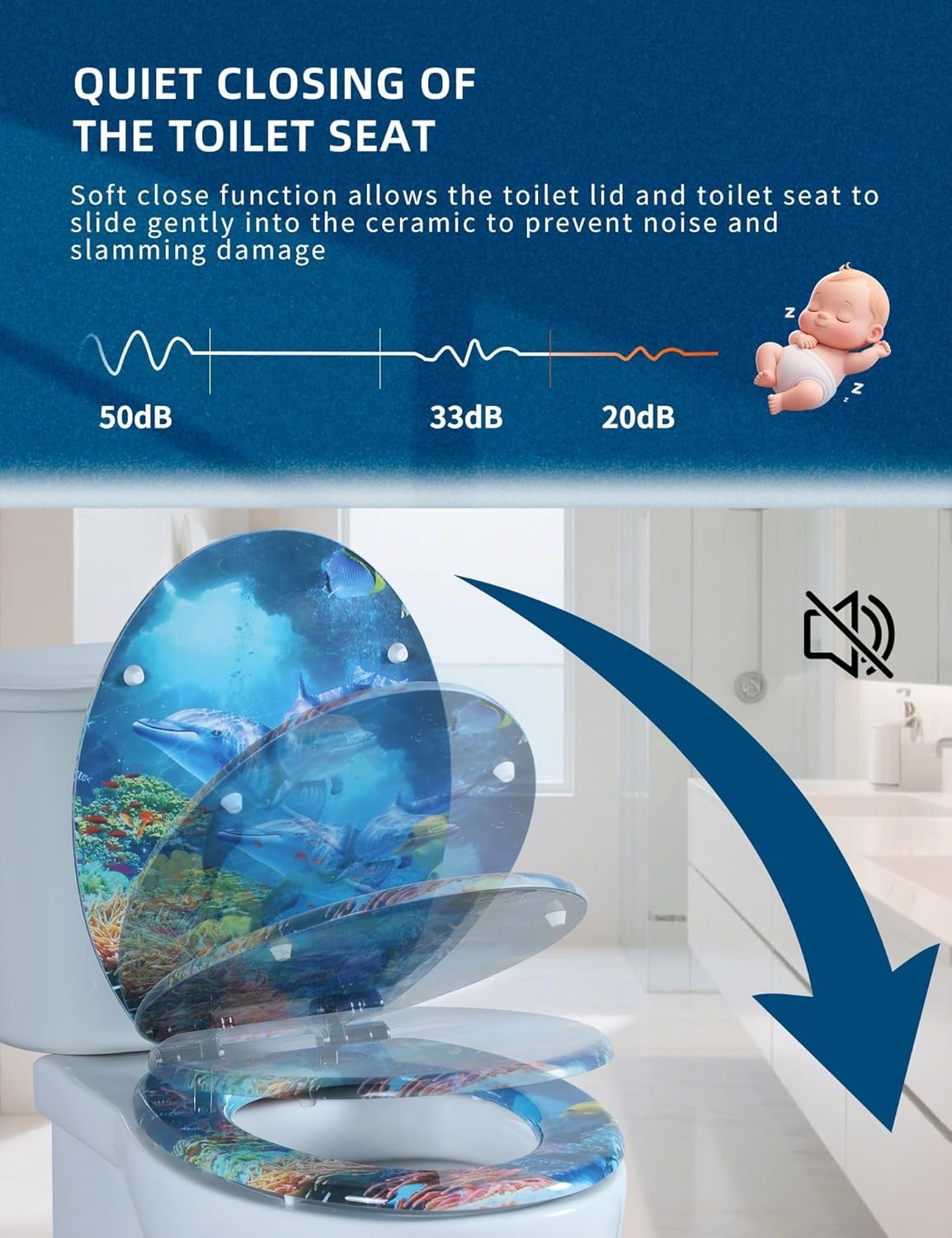 Wooden Toilet Seat O Shape Adjustable Top Fix Ocean Dolphin Family 45x37cm