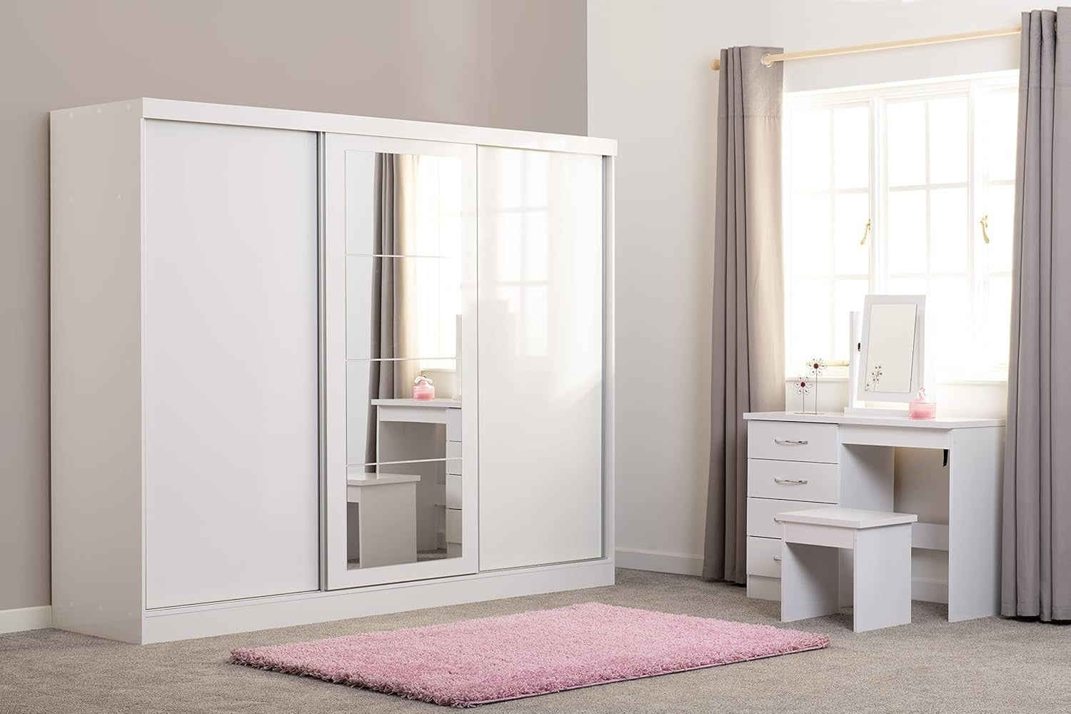 White Gloss Dressing Table Set Vanity Mirror Stool 4 Drawer High-Gloss Finish