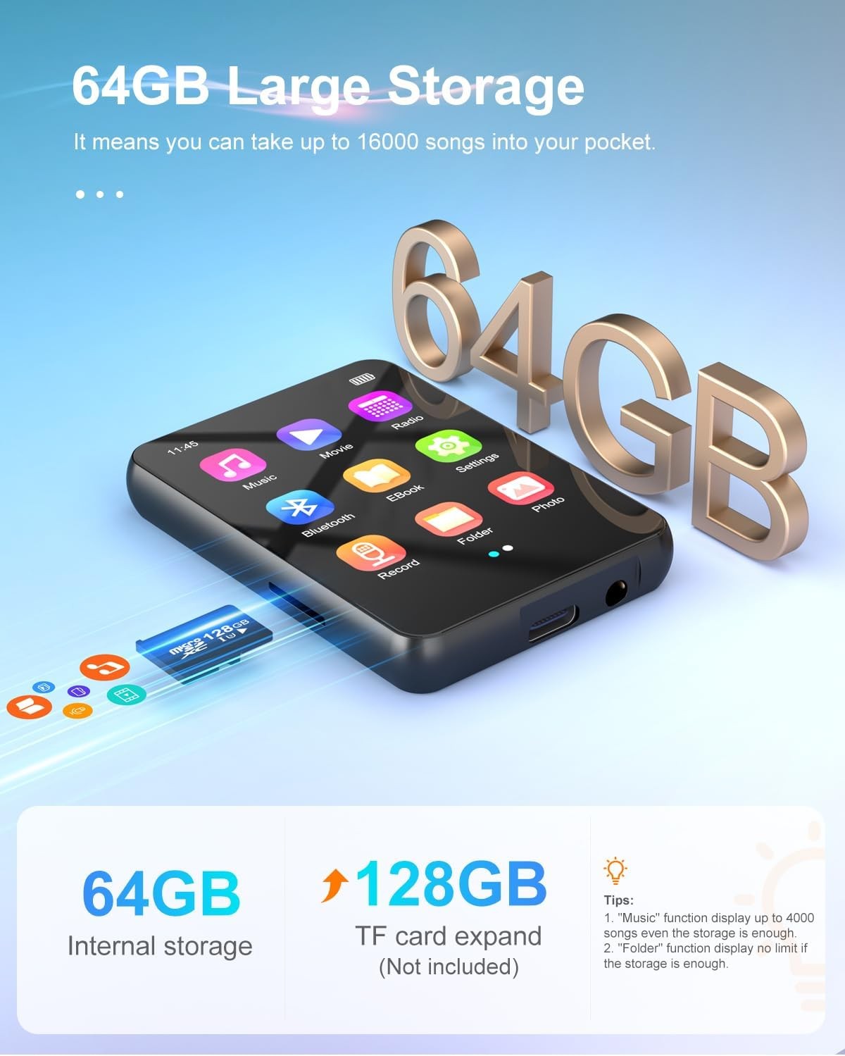 64GB MP3 Player Bluetooth 5.3 Touch Screen Speaker FM 128GB