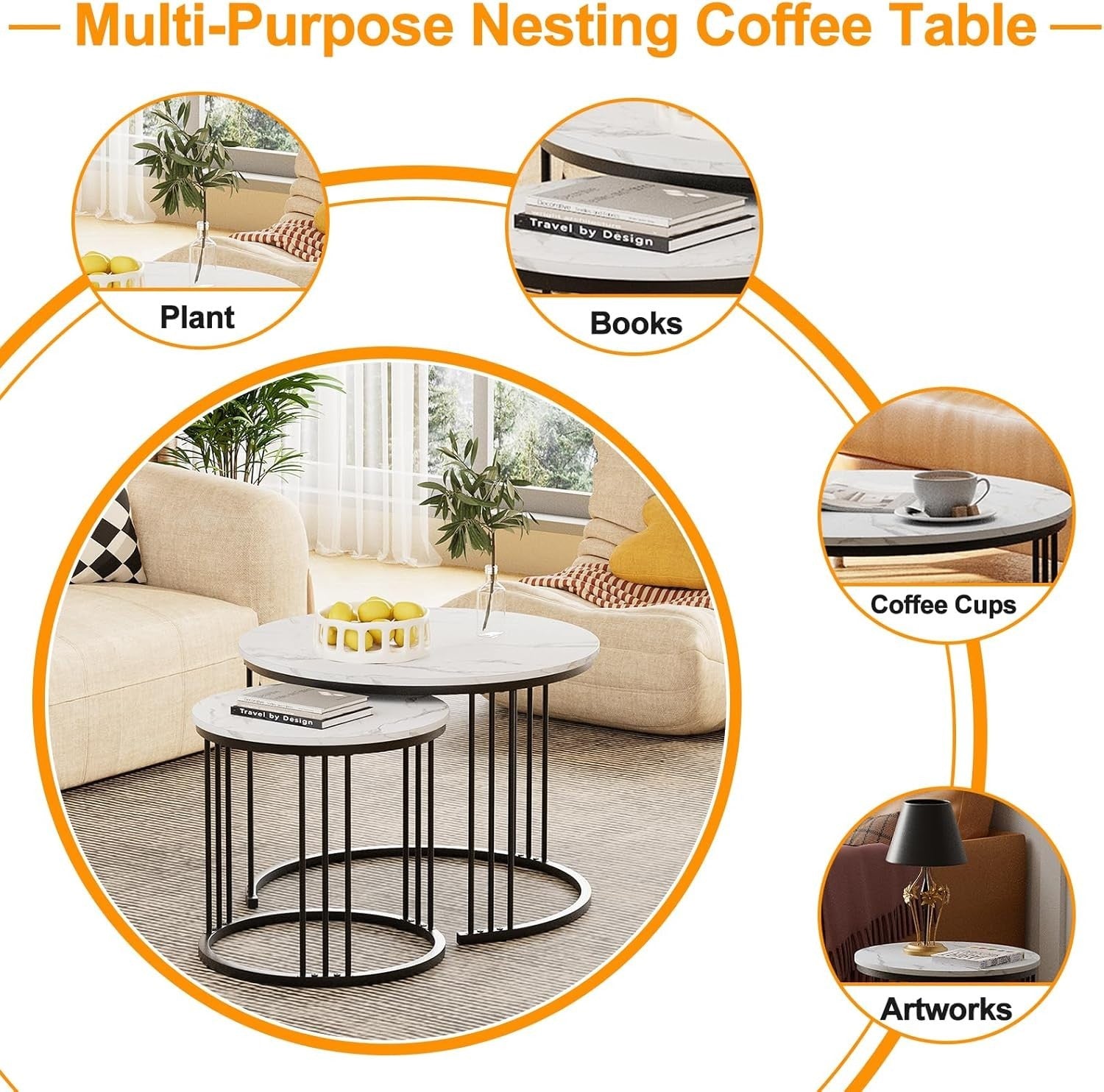 Modern Nesting Coffee Table Set for Small Spaces - Round Metal & Wood Side End