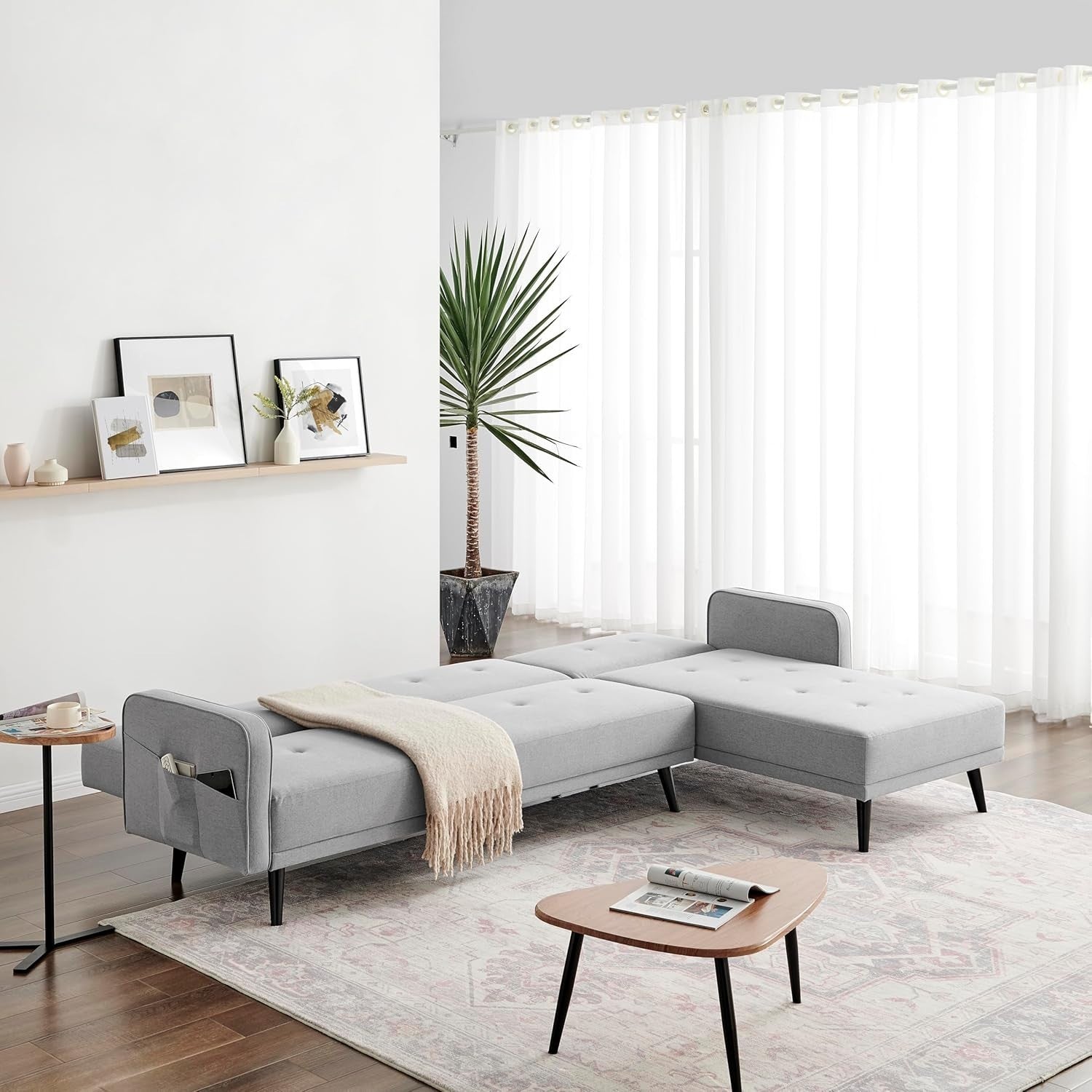 Grey L Shaped Sofa Bed with Chaise Storage Guest Bed Modern Small Double