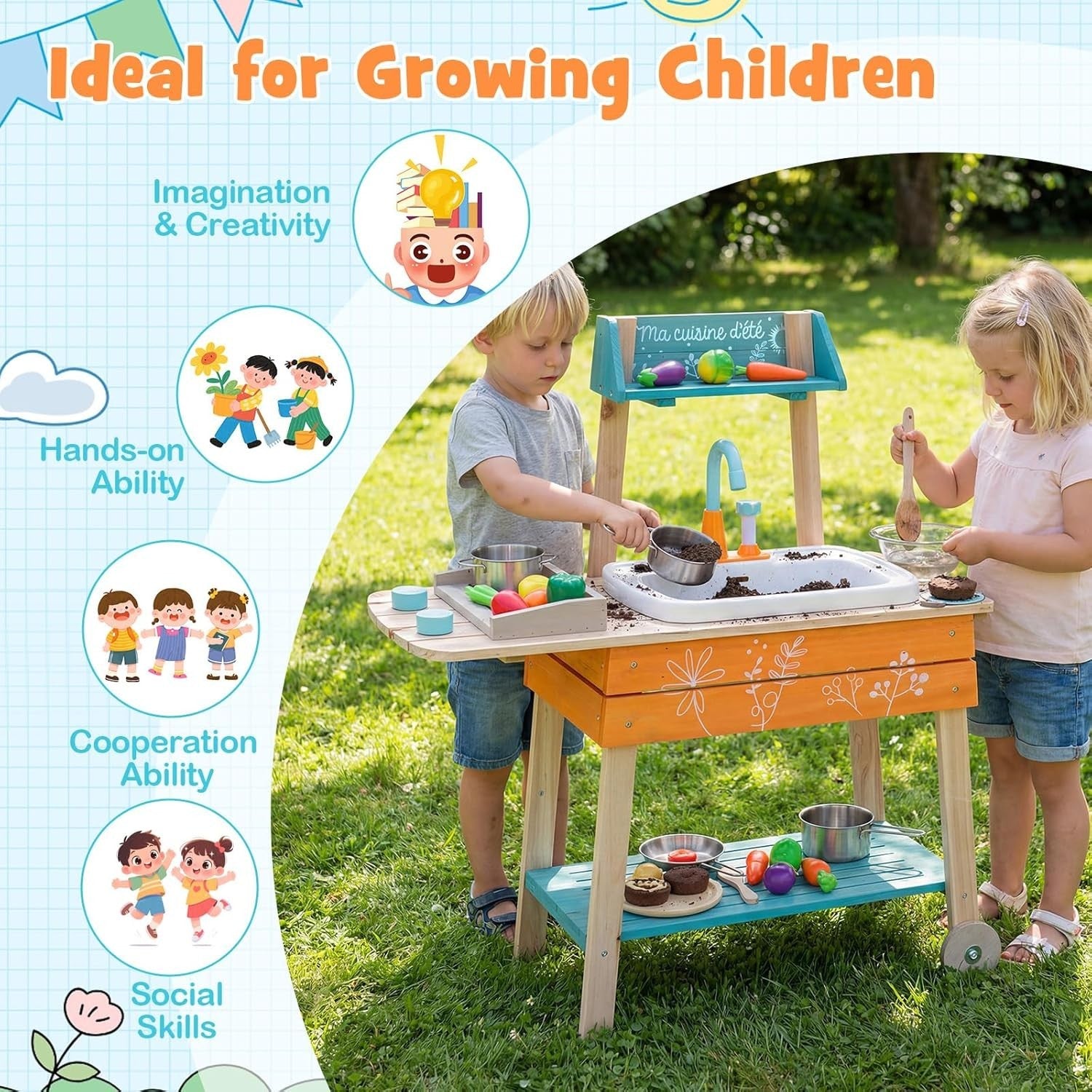 Kids Outdoor Mud Kitchen Wooden Playset Sink Faucet BBQ Toy 3+