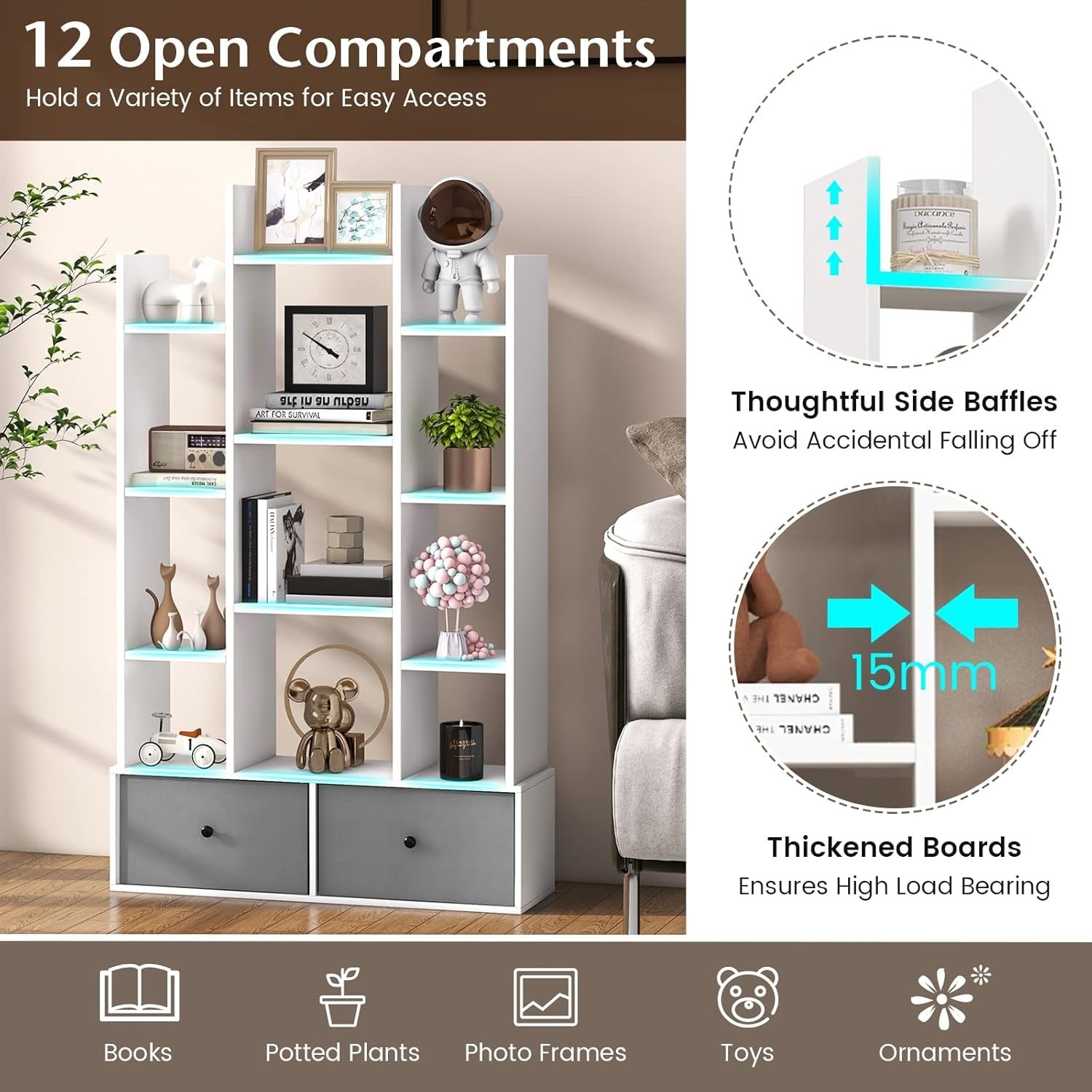White Tree-Shaped Tall Bookcase 12 Cube Storage Shelf with 2 Drawers 80×24×132cm