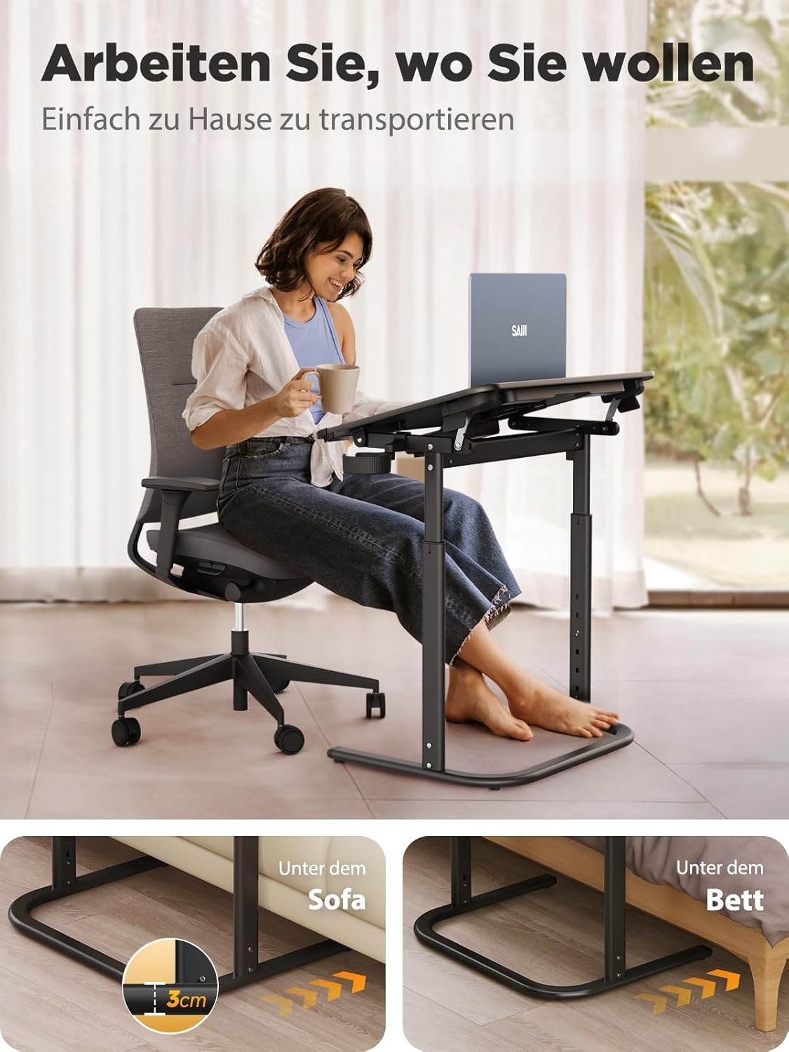 Height Adjustable Laptop Desk with LED Lamp Drawer Book Stand 65x45cm
