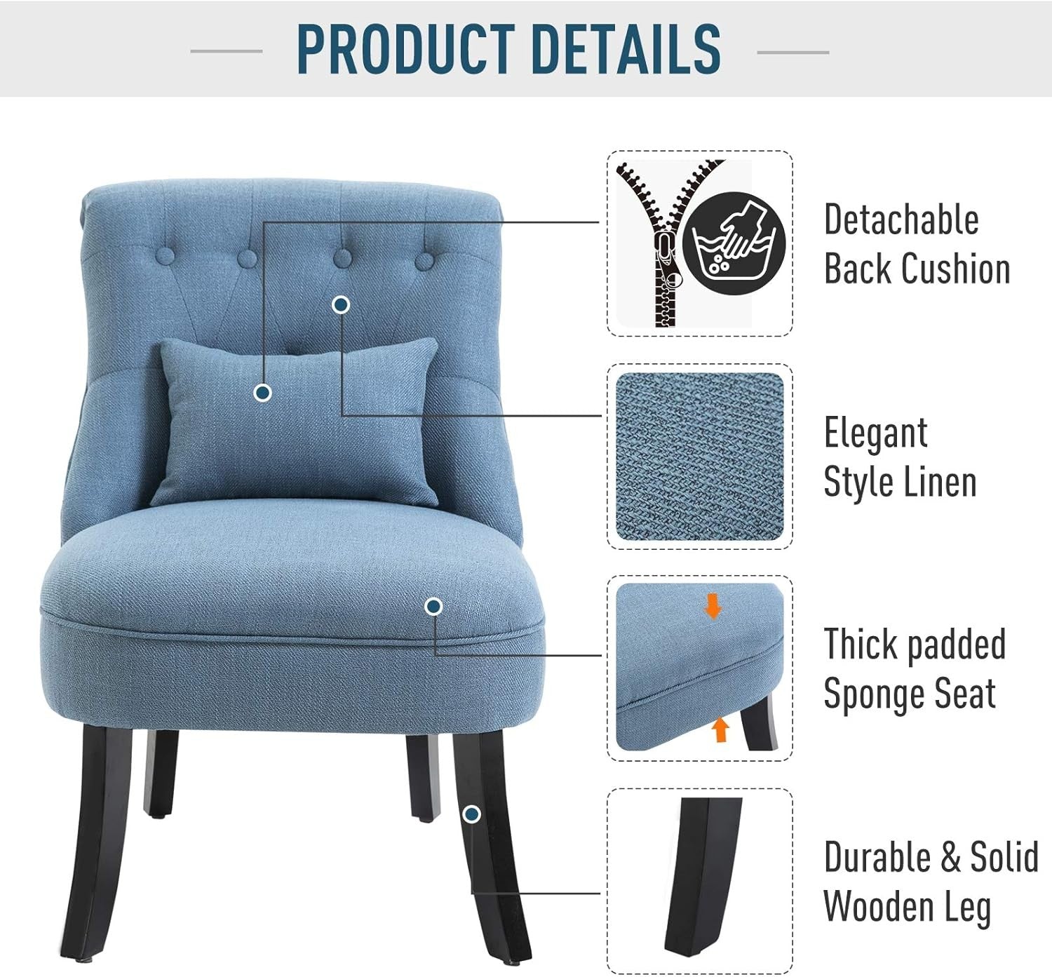 Blue Linen Accent Tub Chair Button Tufted Armless Lounge Chair