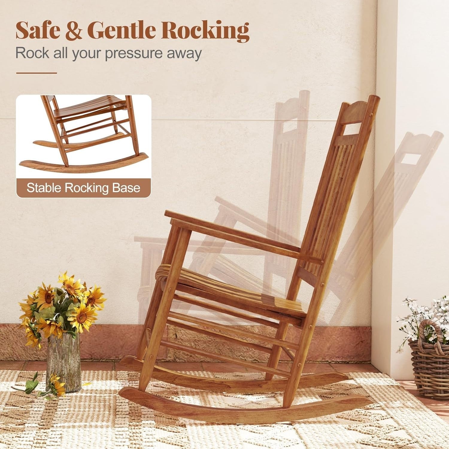 Outdoor Wooden Rocking Chair High-Back Ergonomic Patio Lounge Seat