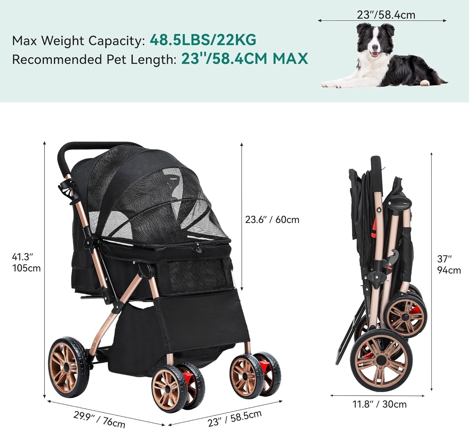 Dog Stroller Pet Buggy Foldable Reversible Handle 360° Wheels 22kg