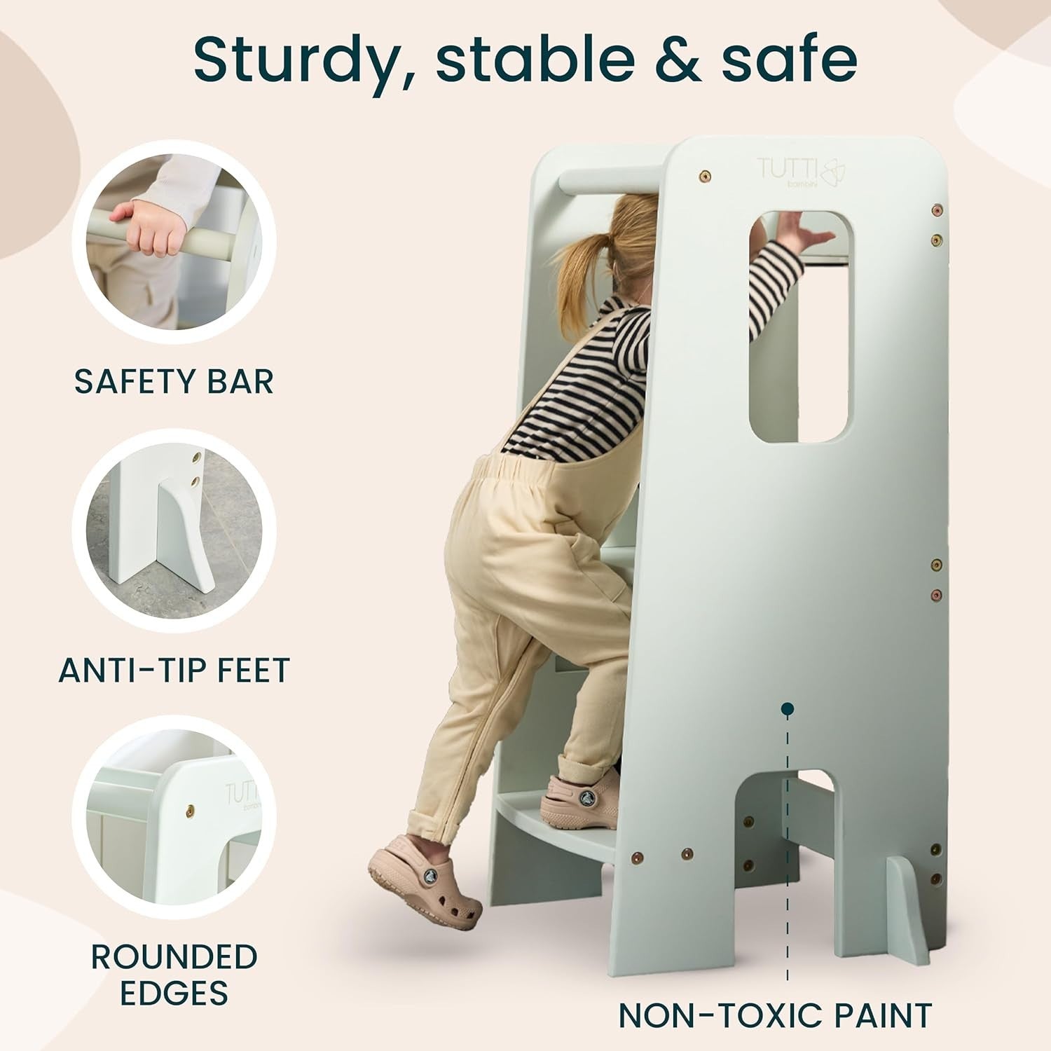 Kids Adjustable Learning Tower Stool with Safety Anti-Tip & Easy Setup