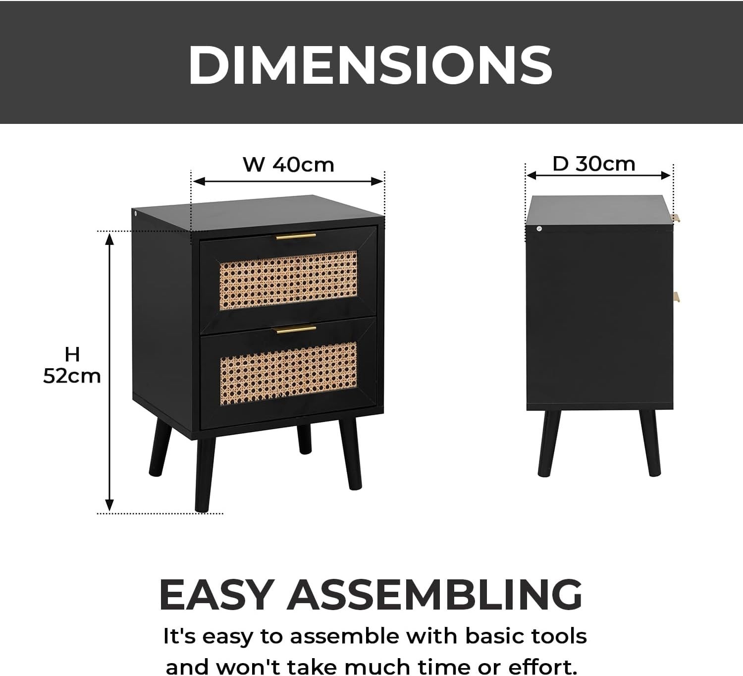 Modern Black Rattan Bedside Table with 2 Drawers Wooden Nightstand