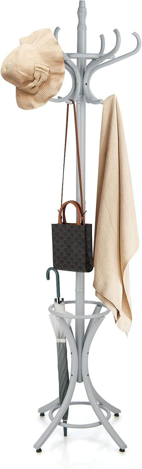 Wooden Coat Rack Stand 12 Hooks & Umbrella Holder | 75.5” Freestanding Hall Tree