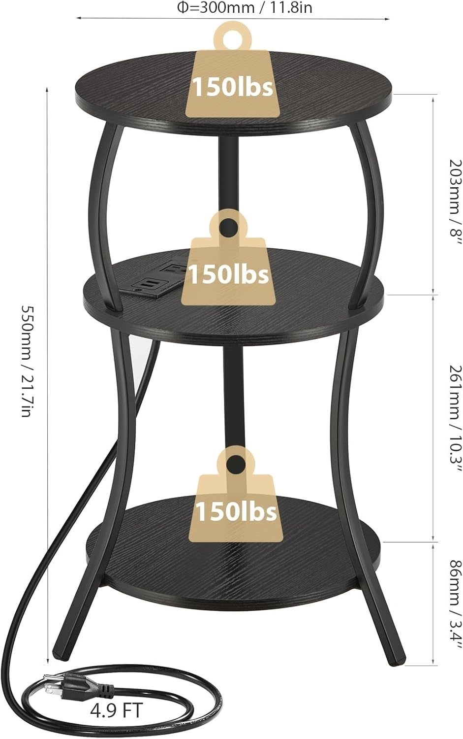 Black 3-Tier Round Side Table 30x30x55 cm | Slim End Table w/ USB & Storage