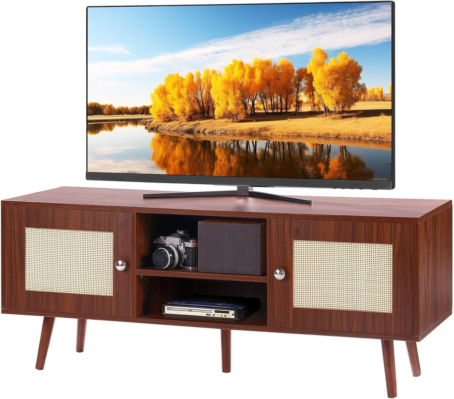 Rattan TV Stand 55” Mid Century Modern Unit Cabinet Retro Walnut Wood