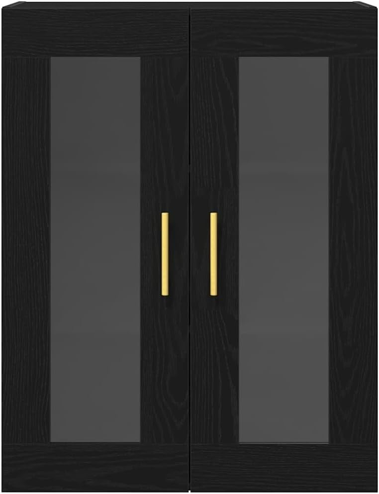 Modern Black Oak Wall-Mounted Cabinet with Glass Shelves & Gold Handles