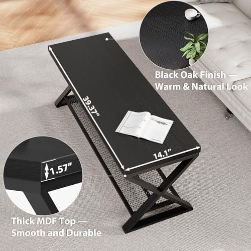 Black Oak Industrial Entryway Storage Bench Metal Frame Shoe Rack Seat 100x36x46