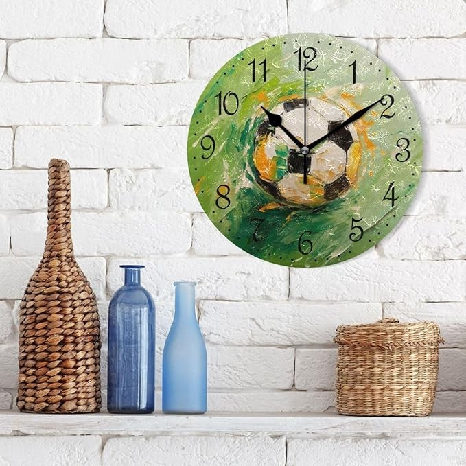 Soccer Wall Clock Green Art 25cm Silent Non-Ticking Sports Bedroom Decor Gift