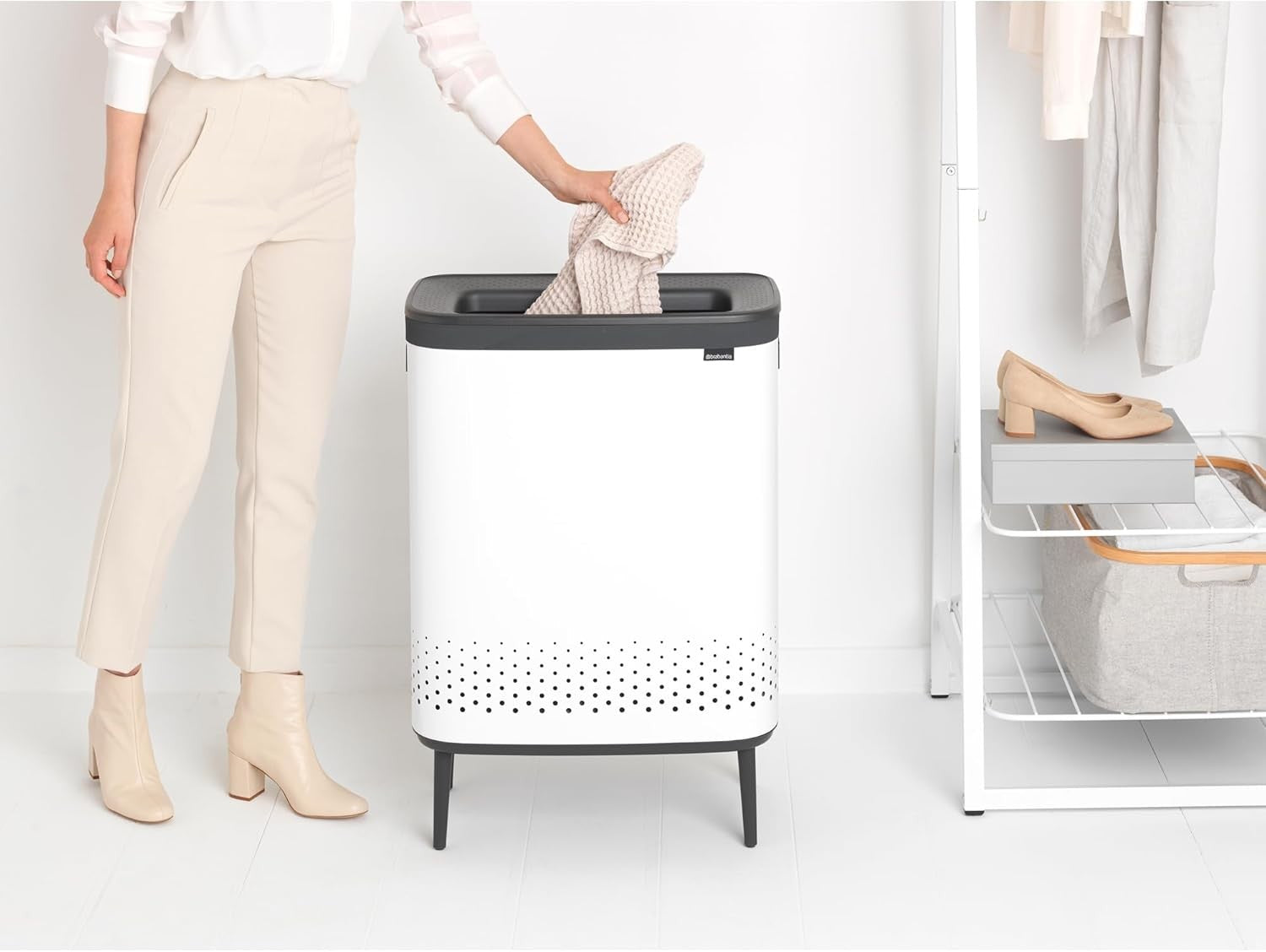 Modern 2×45L Laundry Bin with Lid, Quick-Drop Opening & Removable Bags White