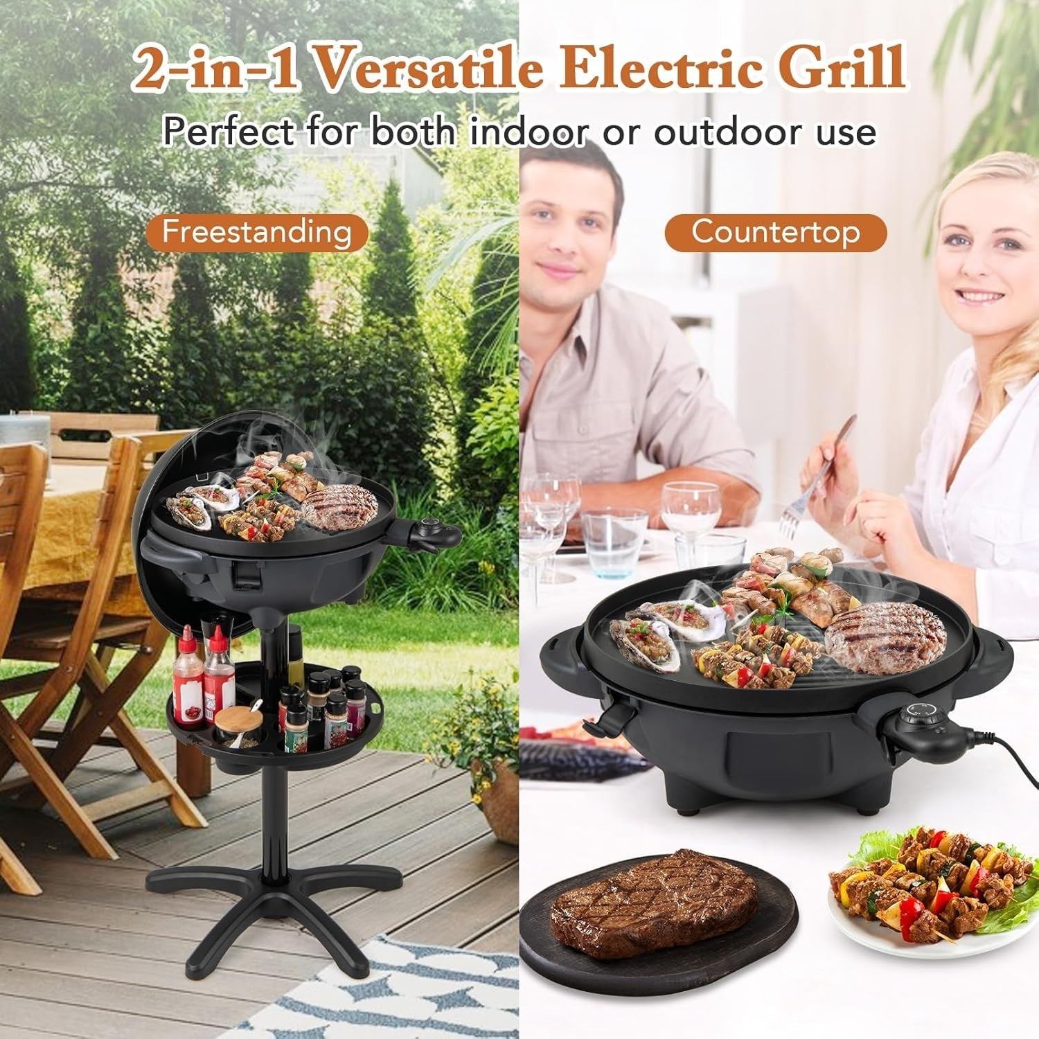 2-in-1 Electric BBQ Grill & Table Grill with Stand, Non-Stick Plate