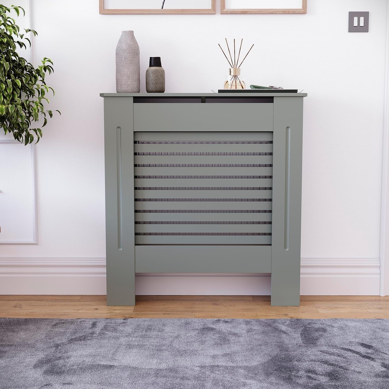 Small Olive Grey Radiator Cover MDF Cabinet Modern Design 82x78x19cm