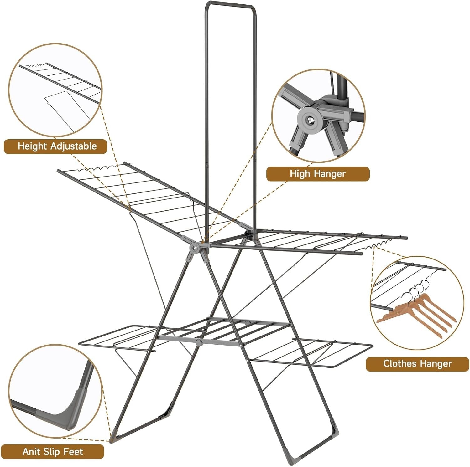 Winged Clothes Airer with High Hanger Foldable Stainless Steel Drying Rack