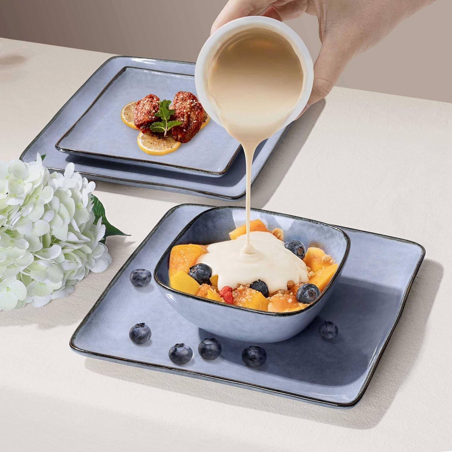 12pc Square Stoneware Dinner Set Plates Bowls Microwave Dishwasher Safe Blue