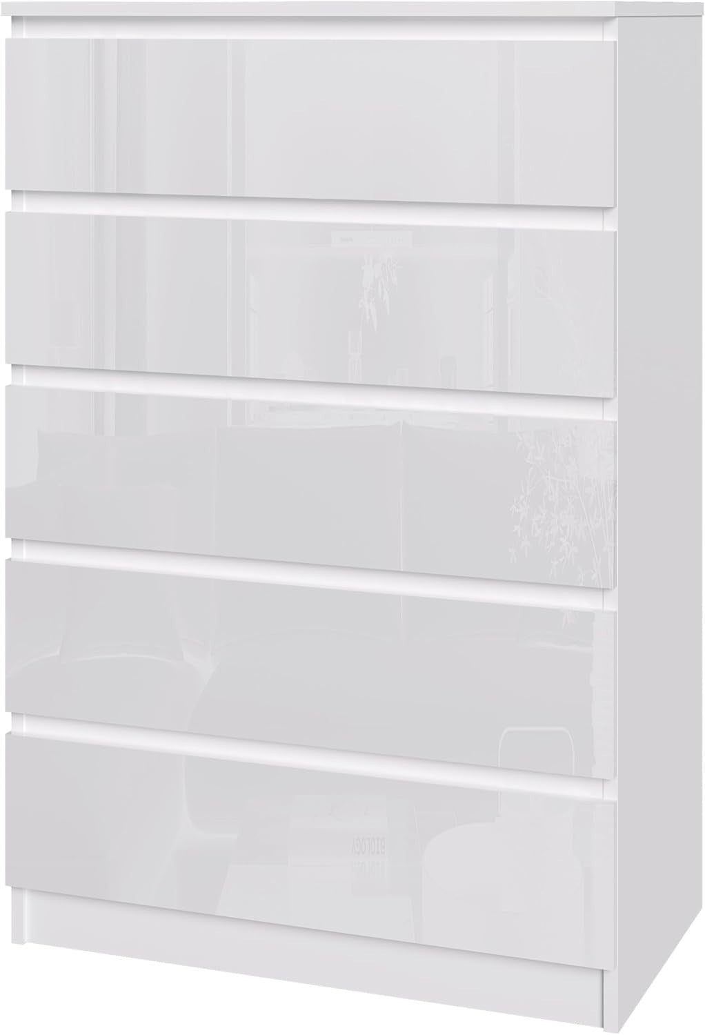 White 5 Drawer High-Gloss Chest Modern Storage Cabinet Bedroom Organizer