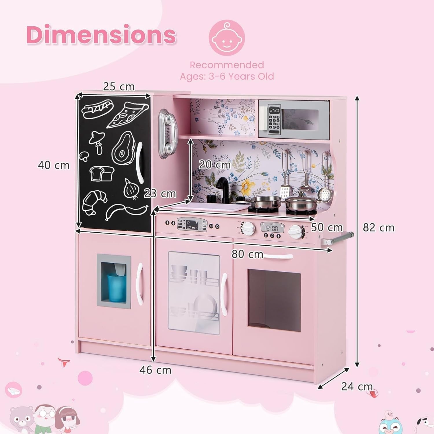 Wooden Kids Play Kitchen Pink Ice Maker Cooker Toy Set w Accessories