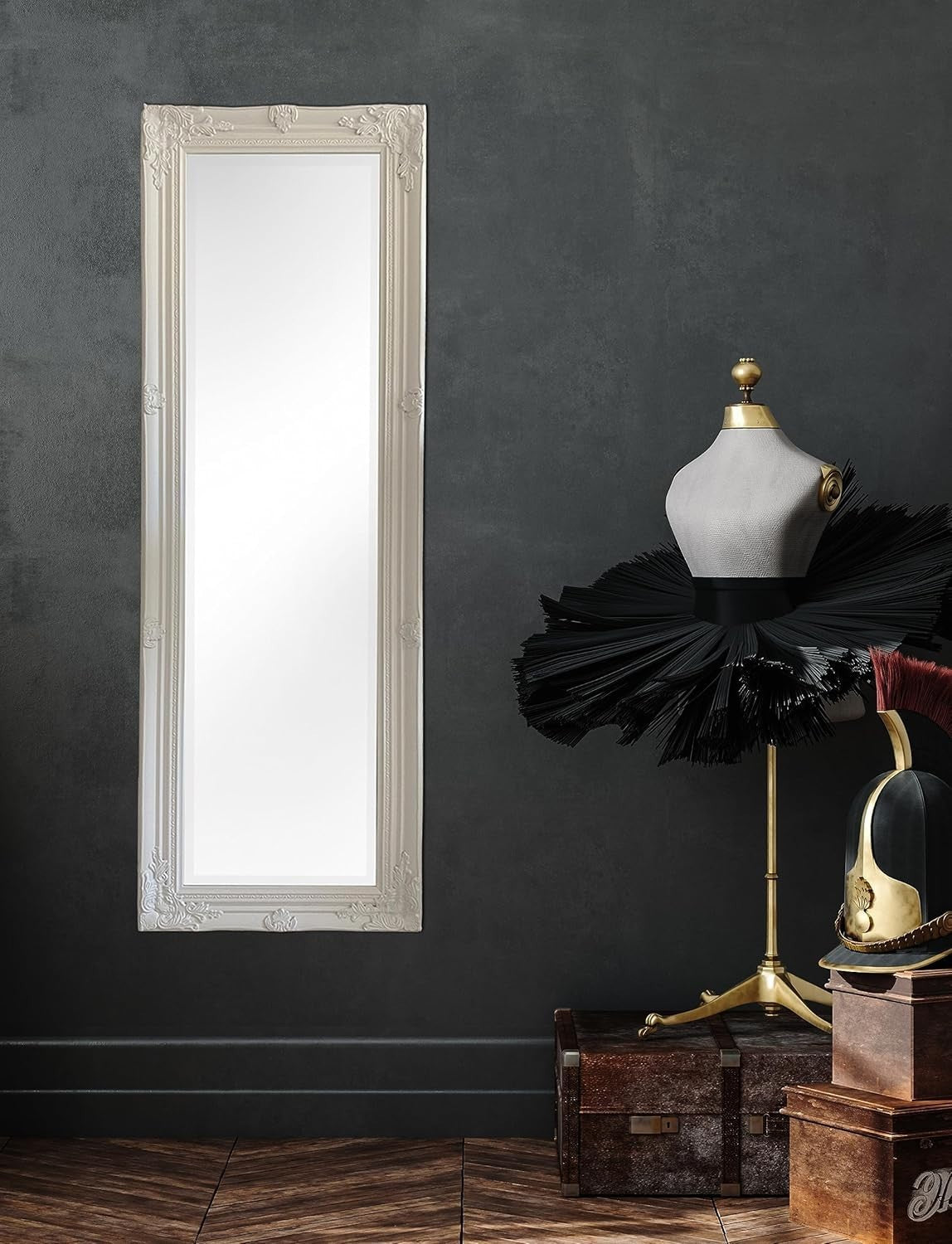 Tall White Wall Mirror 142x47cm with Bevelled Glass, Classic Wood Frame