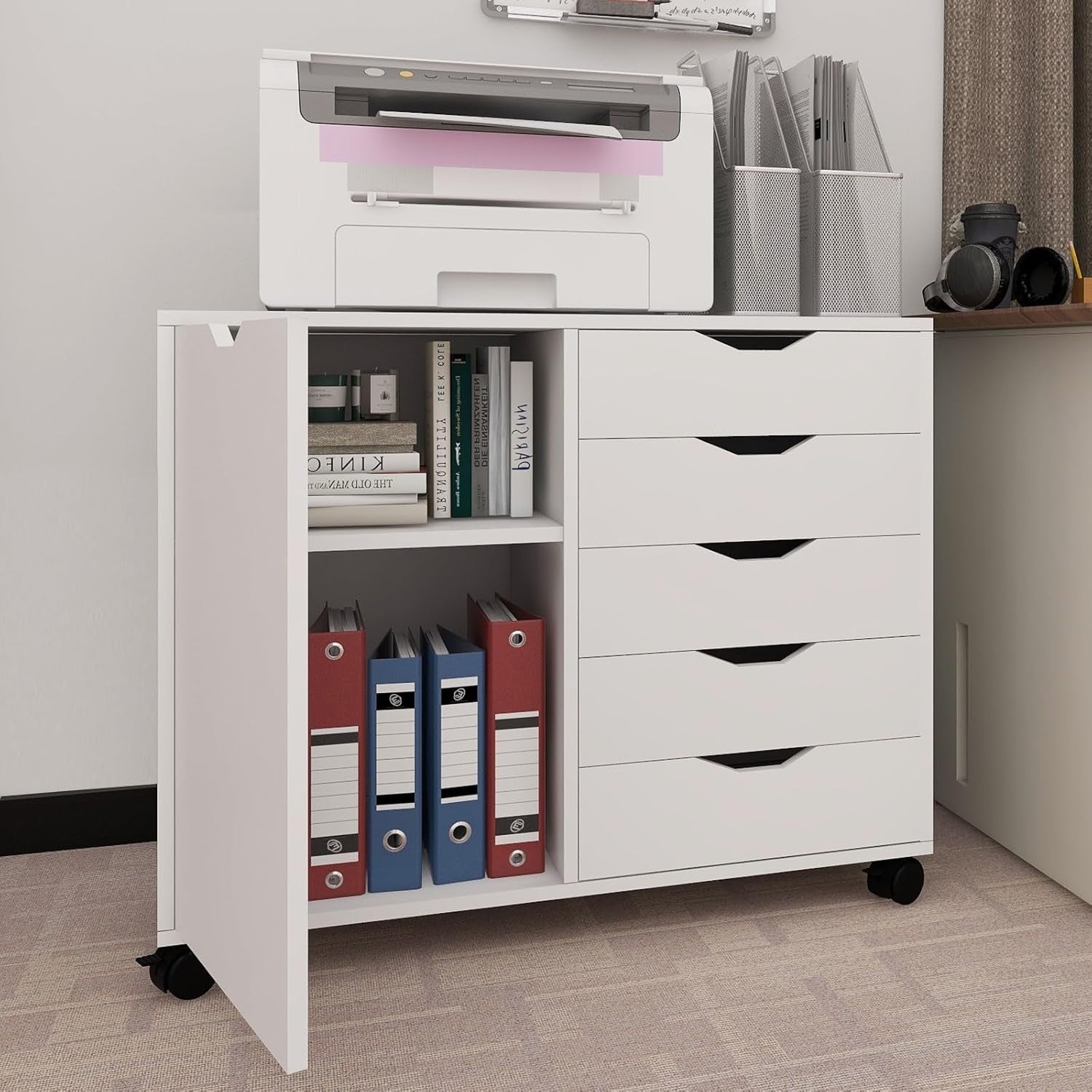 White Mobile 5 Drawer File Cabinet with Door Rolling Printer Stand