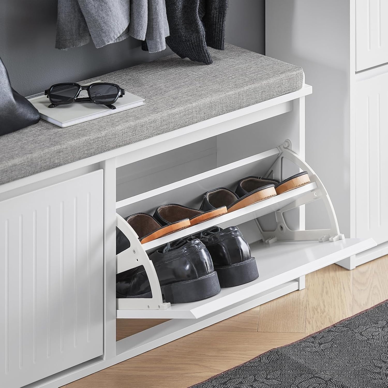 White Shoe Storage Bench with Cushion – 2 Flip Drawers, Space Saver Seat