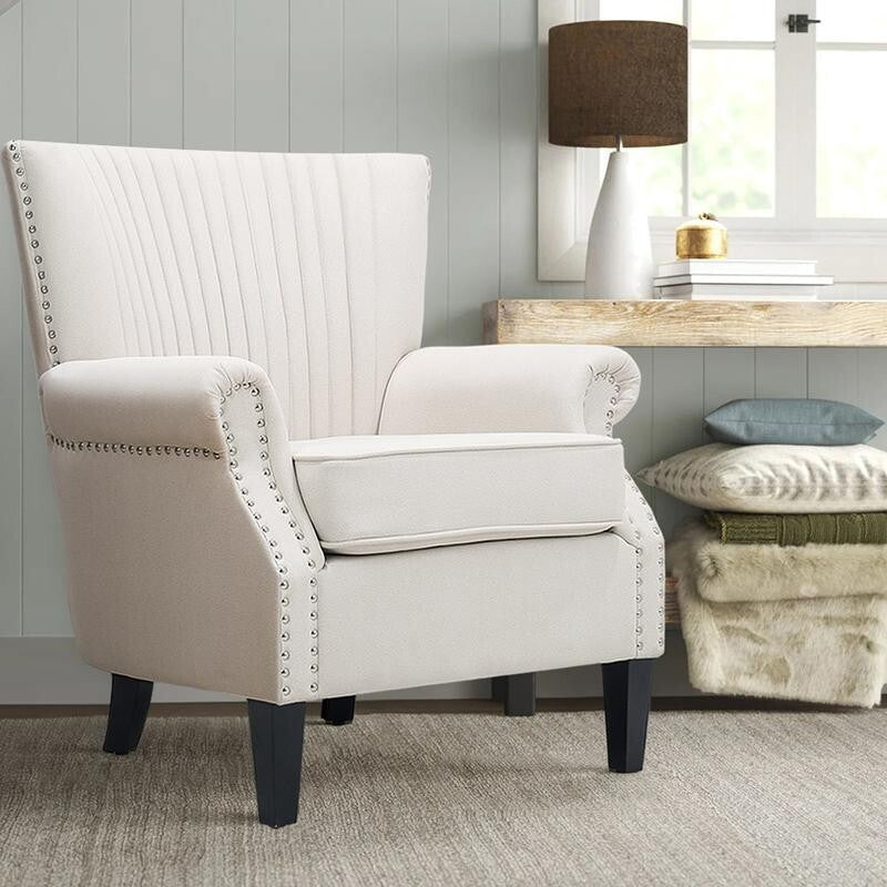 Beige Channel Armchair Deep Cushion Lounge Chair with Nailhead Trim