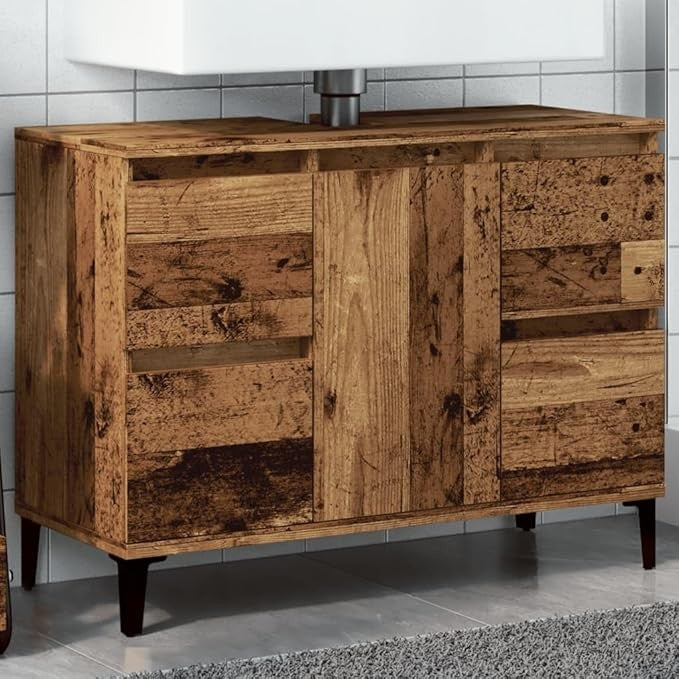 Rustic Oak Under Sink Bathroom Cabinet 80cm Vintage Vanity Unit with Drawers