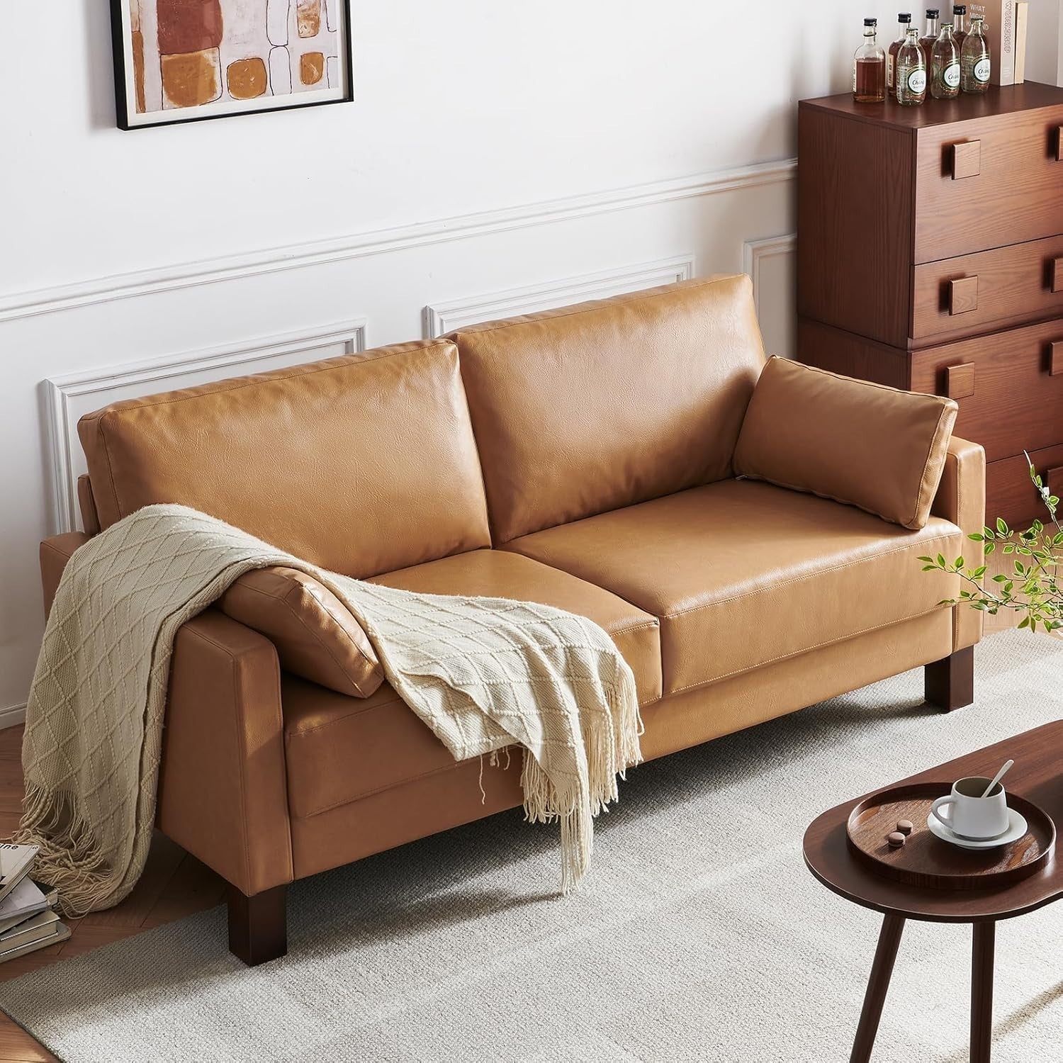 Leather Loveseat Sofa 2-3 Seater Leather Tan 66 Modern Couch for Lounge Office