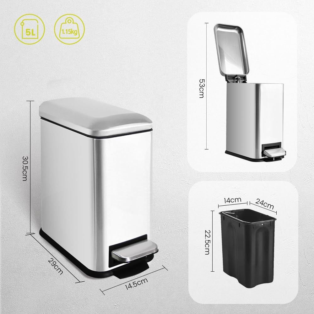 5L Stainless Steel Bathroom Pedal Bin Soft Close Slim Silver