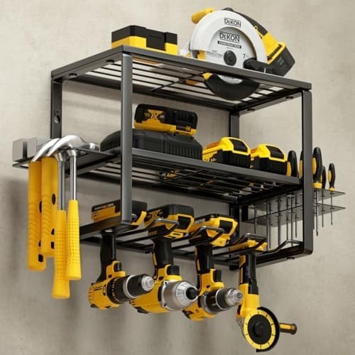 Heavy-Duty Wall Tool Rack 41.9x21x33cm 4-Slot Drill & Battery Organizer